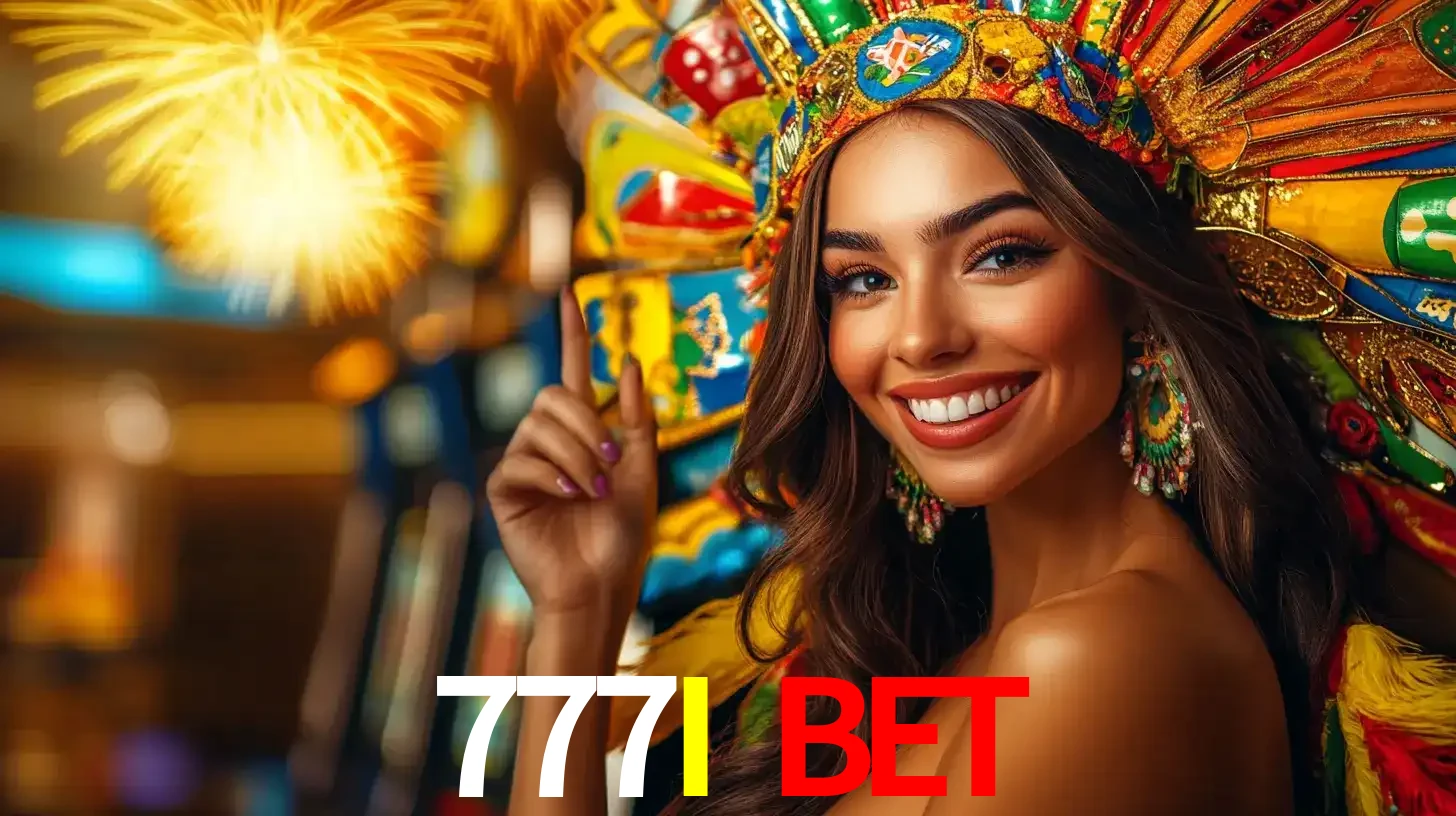 Mulher sorridente com um cocar de carnaval vibrante e colorido, celebrando uma grande vitória nos jogos do cassino 777I BET com fogos de artifício ao fundo.