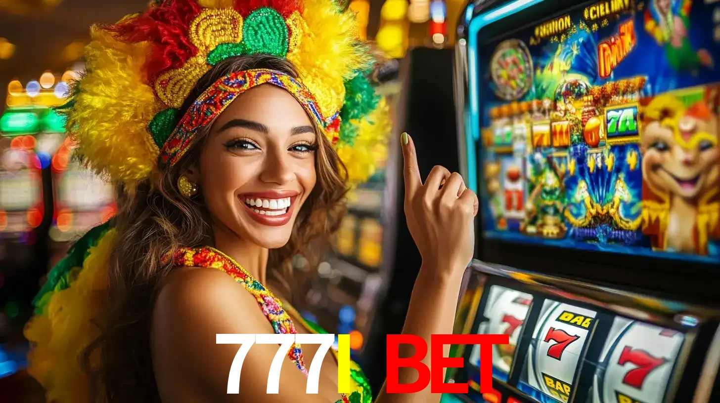 Mulher animada com um cocar de carnaval apontando para uma máquina de caça-níqueis, mostrando a emoção de ganhar um grande prêmio nos jogos do 777I BET.