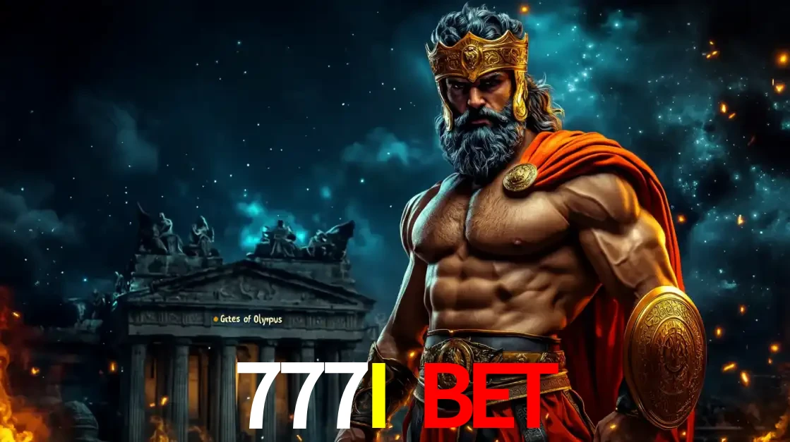 O poderoso Zeus do jogo de slot Gates of Olympus em frente ao seu templo, pronto para lançar multiplicadores divinos e prêmios épicos no cassino online 777I BET.