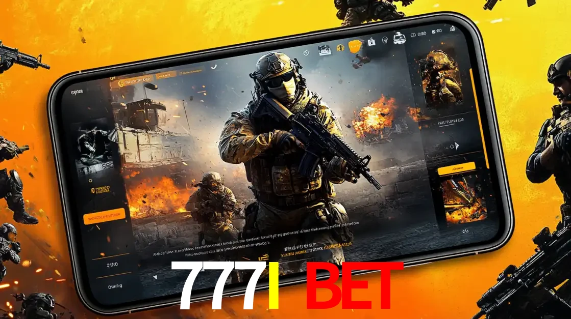 Um smartphone exibindo a interface de um jogo de tiro em primeira pessoa, com um soldado em um cenário de batalha, representando a ação dos e-sports para apostar no 777I BET.