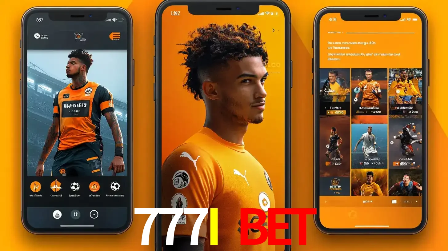 Interface do aplicativo de apostas esportivas 777I BET em três telas de celular, mostrando o perfil de um jogador de futebol e a lista de jogos disponíveis para apostar.