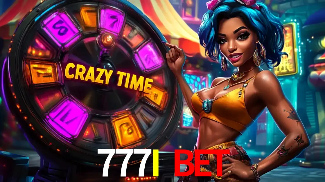 Mulher estilizada com cabelo azul e visual vibrante posando ao lado da roda de prêmios do game show Crazy Time, convidando para a diversão e os bônus do cassino 777I BET.