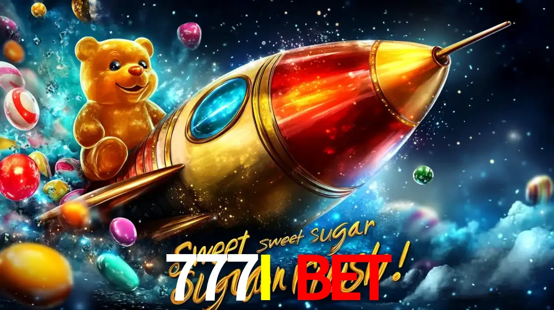 Arte promocional do jogo de slot Sugar Rush, com um urso de pelúcia em um foguete viajando pelo espaço de doces, um dos jogos divertidos disponíveis no cassino 777I BET.