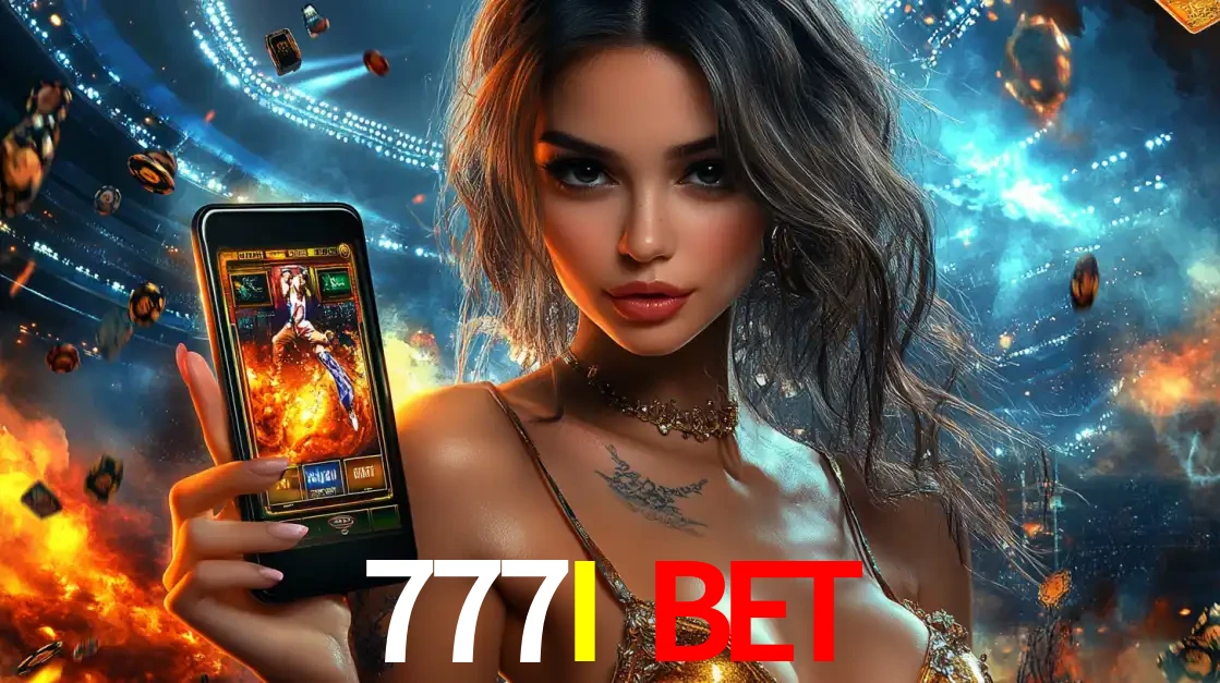 Mulher segurando um celular com um jogo de slot em destaque, tendo como fundo um estádio vibrante, simbolizando a emoção de jogar no cassino móvel 777I BET.