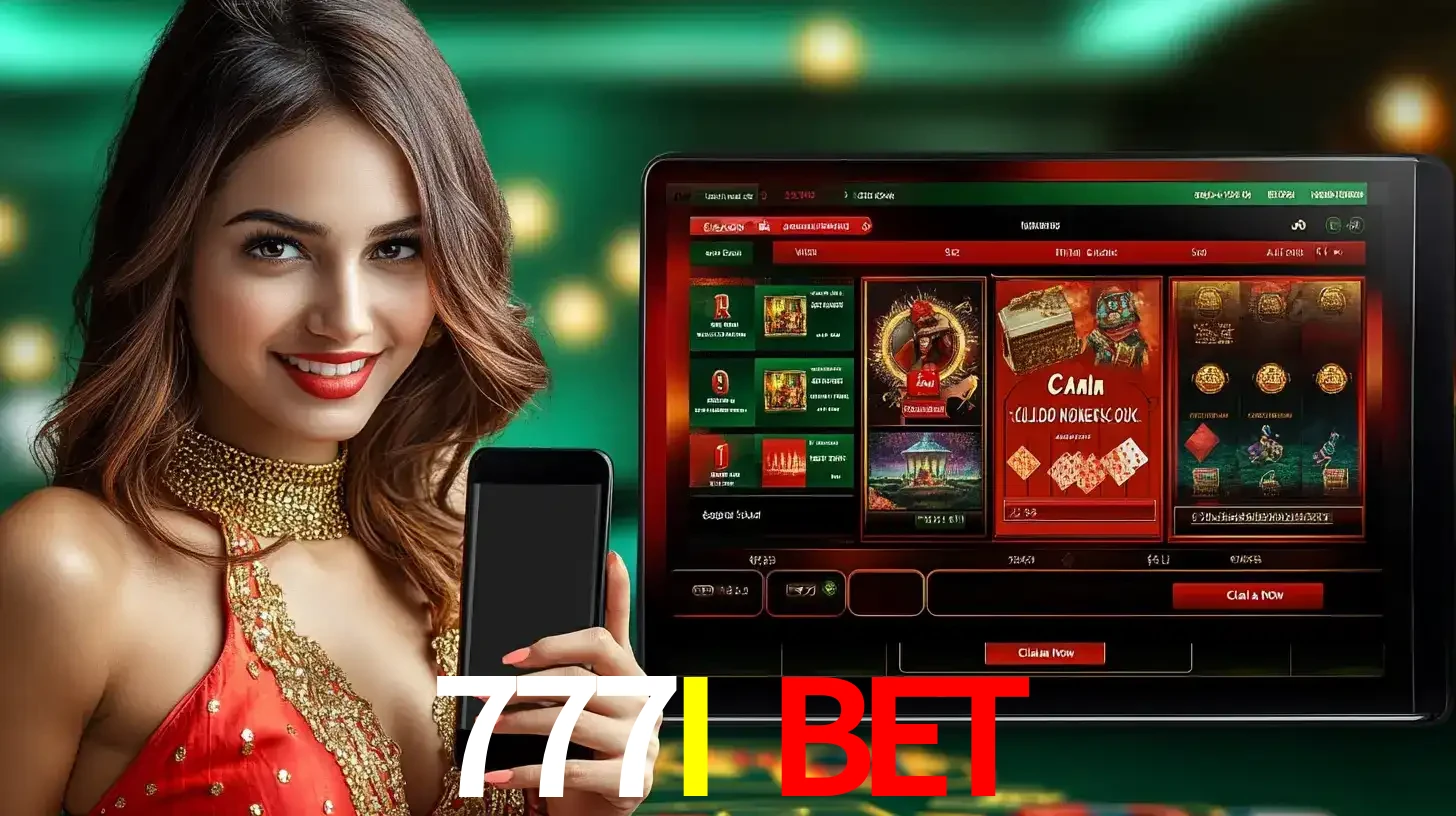 Mulher sorridente segurando um smartphone, ao lado de uma tela exibindo o lobby de jogos do cassino online 777I BET, com várias opções de jogos de cartas e slots.